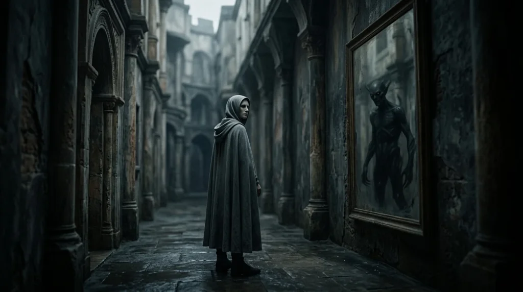 Uncanny Gebbeth figure standing in a shadowy fantasy city
