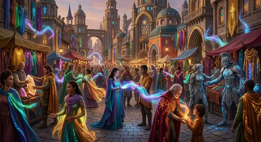 Characters transferring magical Breath through visible color and life energy