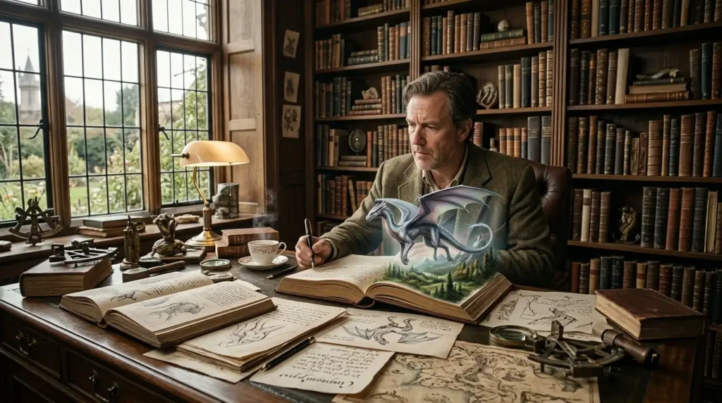 Fantasy author designing an original creature with sketches and notes