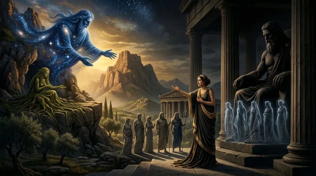 Rhea seeks help from Gaia and Ouranos before Zeus is born