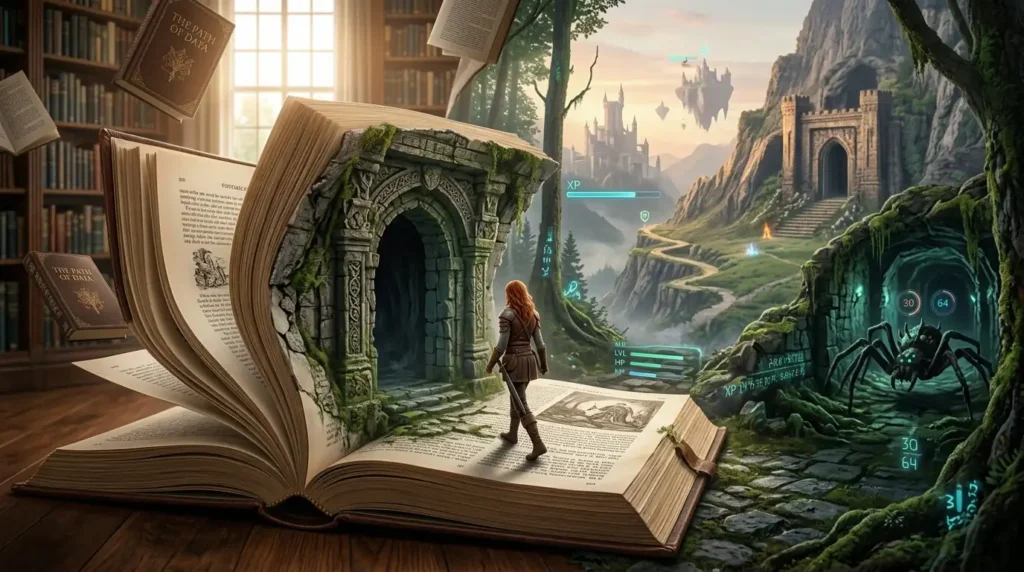 Open fantasy book transforming into a game-like world