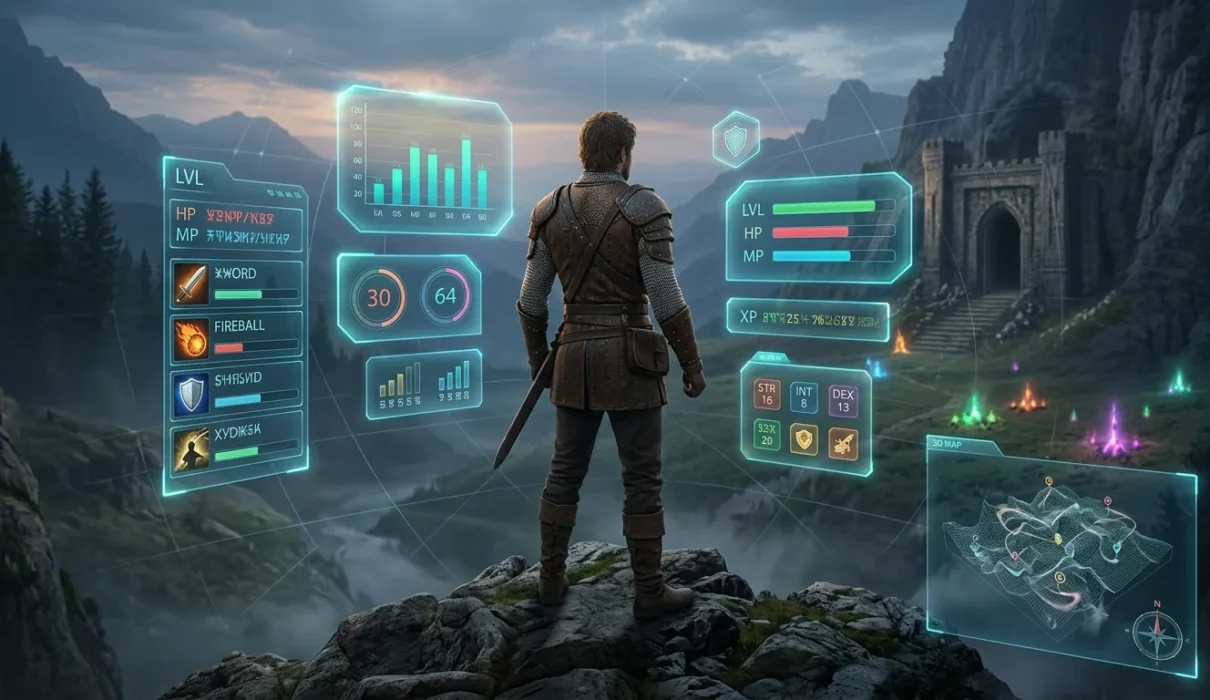 Fantasy LitRPG hero surrounded by game-like status panels inside a magical world