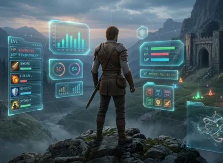 Fantasy LitRPG hero surrounded by game-like status panels inside a magical world