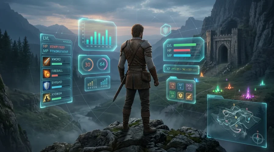 Fantasy LitRPG hero surrounded by game-like status panels inside a magical world