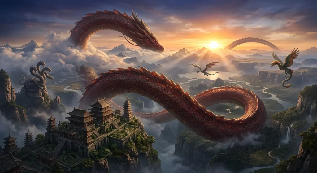 Colossal dragon dwarfing mountains and temples