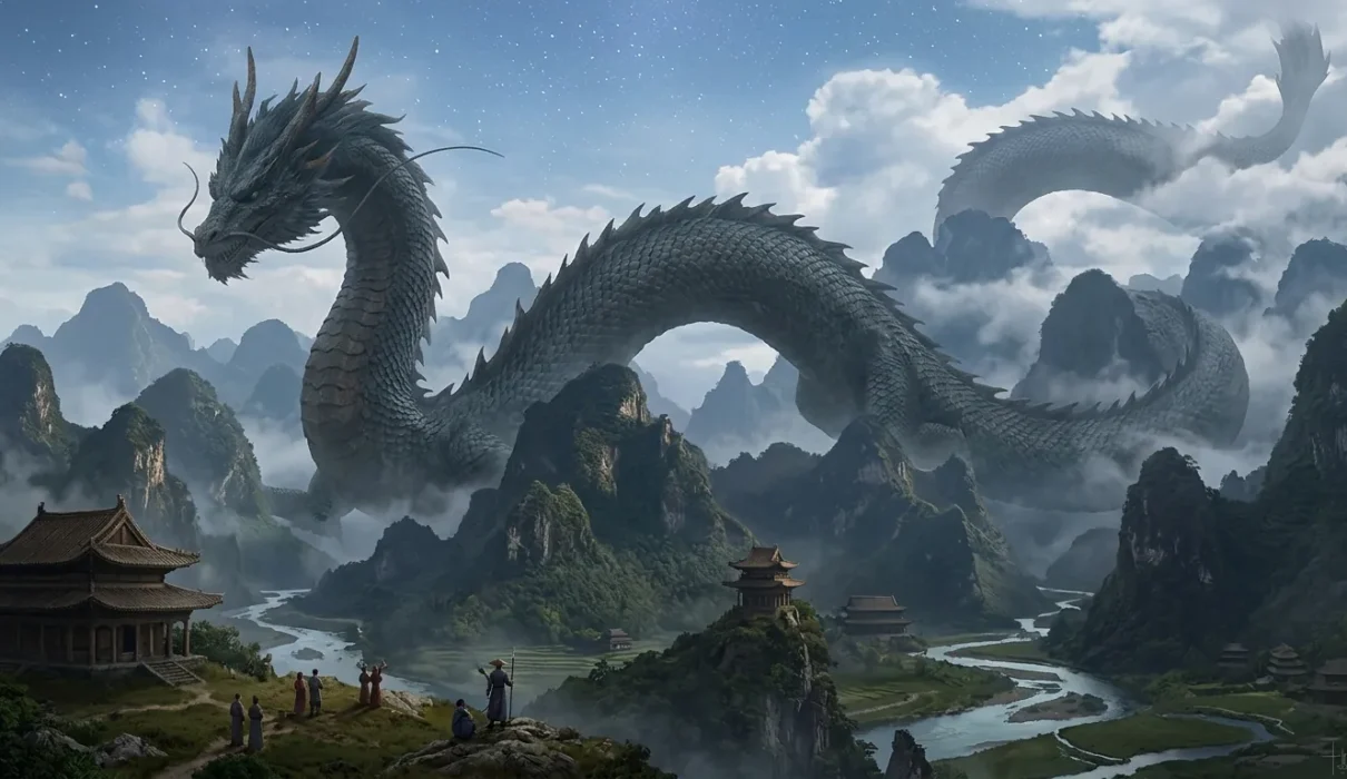 The largest dragon stretching across mountains and clouds
