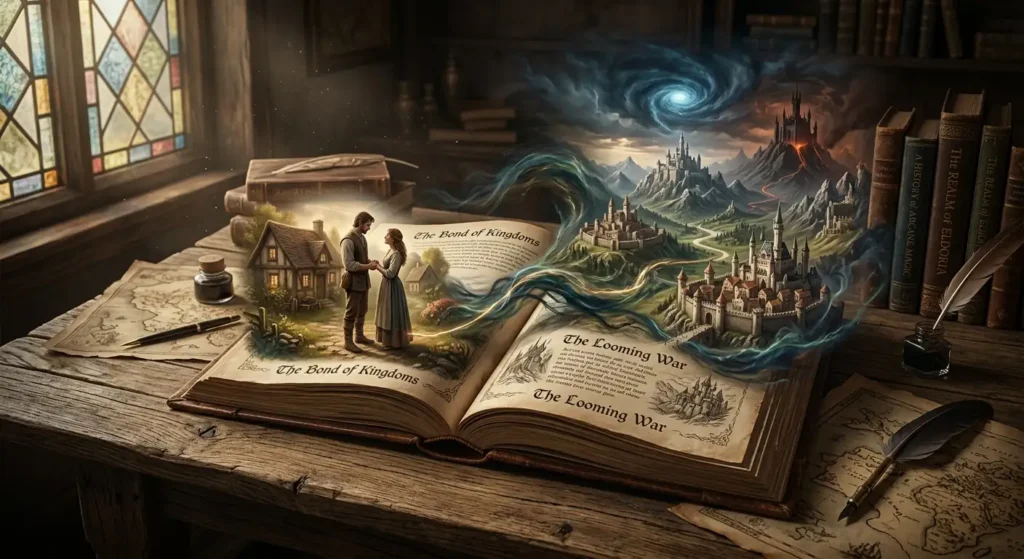 Open novel showing romance and fantasy storylines intertwining
