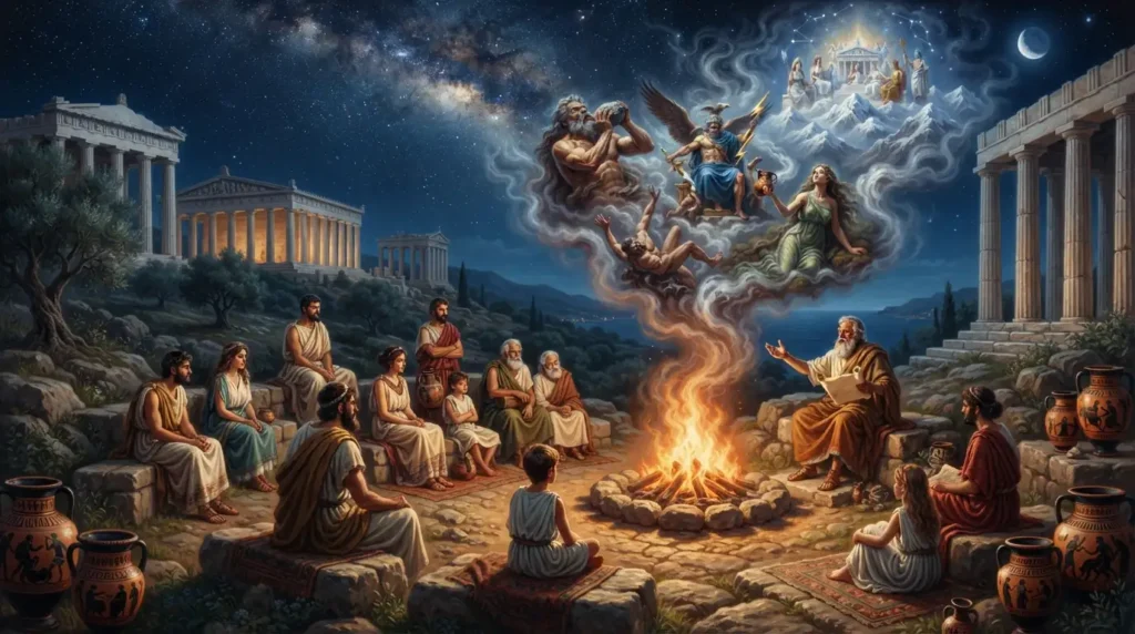 Ancient Greek storytellers depicting the myths of Zeus and the Titans