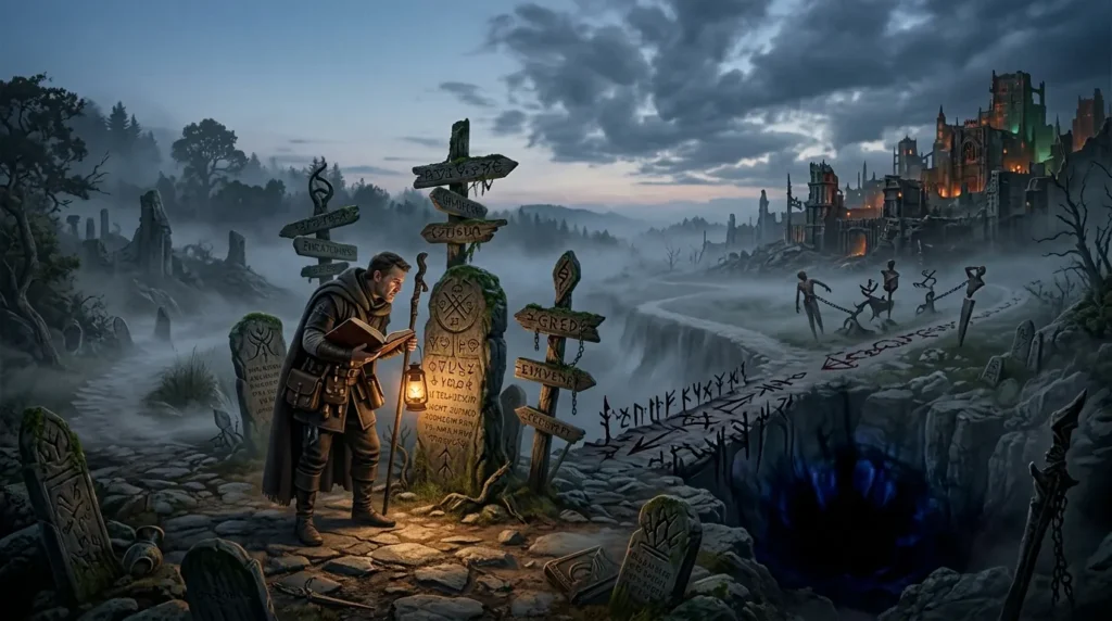 Scholar examining competing explanations of evil at a dark crossroads