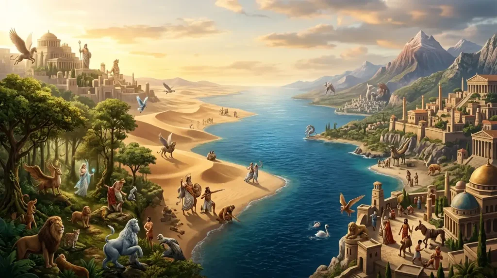 Diverse mythical creatures and humans share a vast mythological landscape