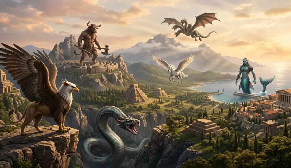 Diverse mythical hybrid creatures gathered across an ancient landscape