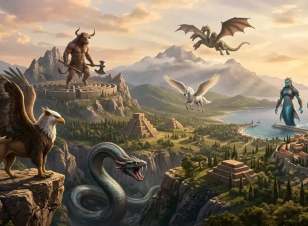 Diverse mythical hybrid creatures gathered across an ancient landscape
