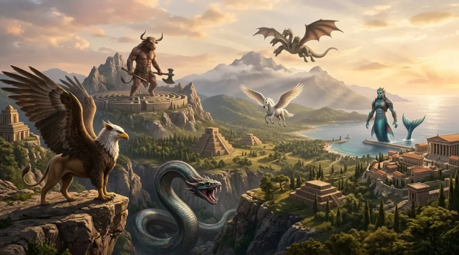 Diverse mythical hybrid creatures gathered across an ancient landscape