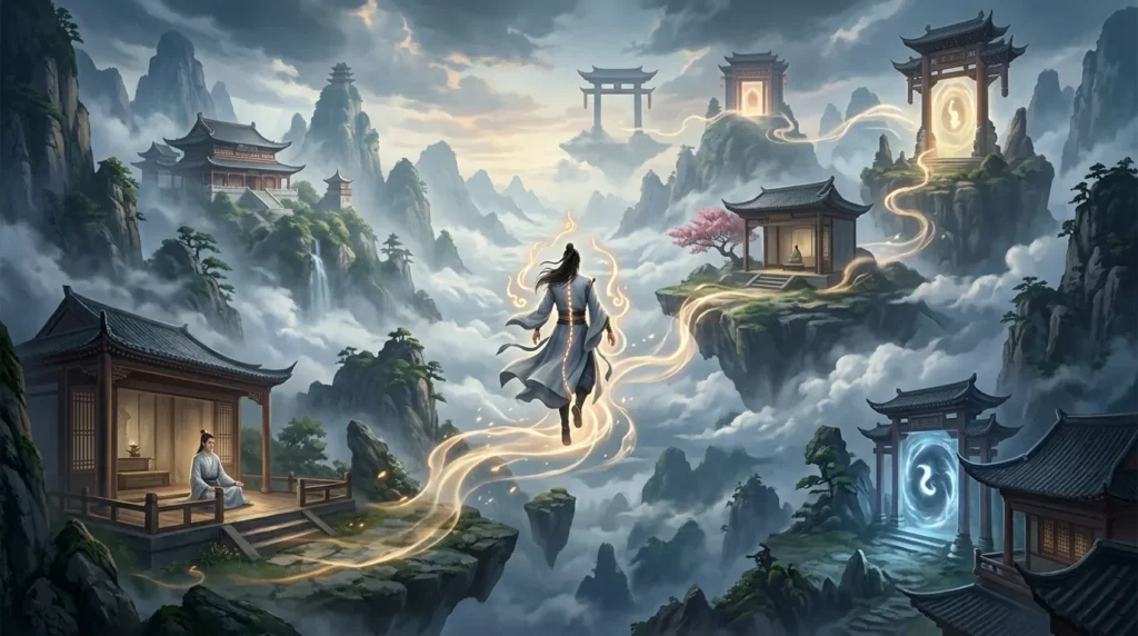 Cultivator progressing through mystical realms without game mechanics