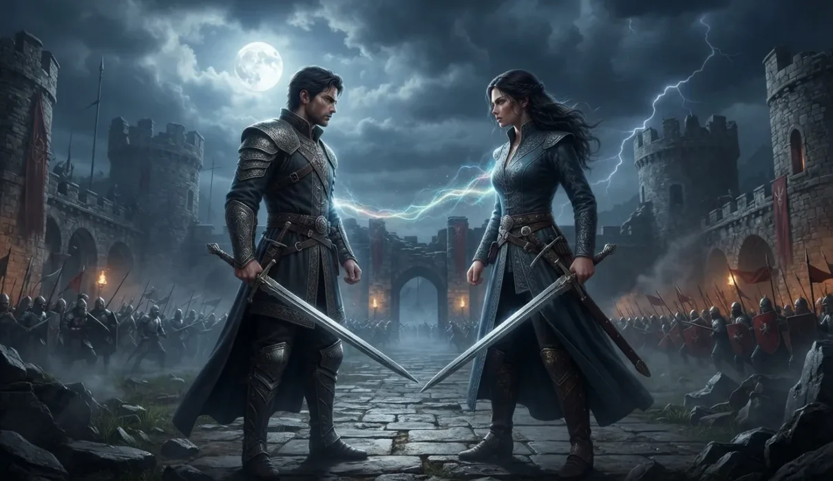 Enemies to Lovers, two fantasy rivals facing each other with romantic tension