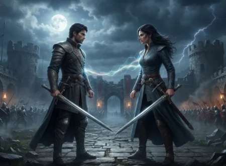 Enemies to Lovers, two fantasy rivals facing each other with romantic tension