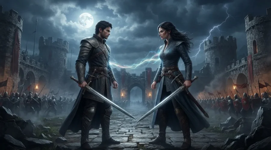 Enemies to Lovers, two fantasy rivals facing each other with romantic tension