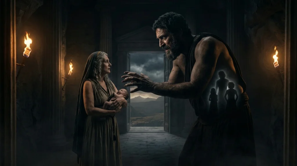 Cronus taking his newborn children because he fears the prophecy