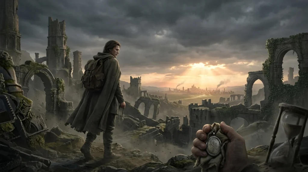 Immortal character walking between fallen and emerging civilizations