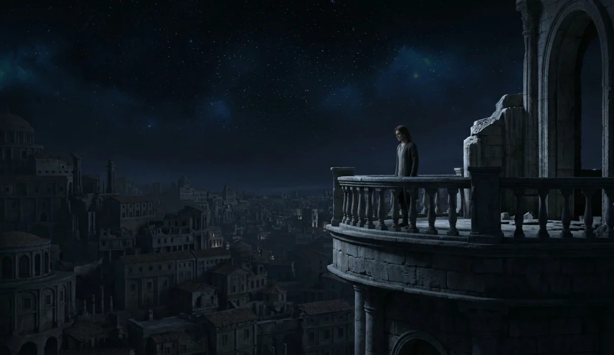 Immortal fantasy character overlooking civilizations that rose and fell
