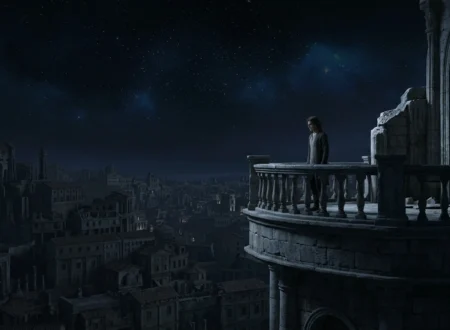 Immortal fantasy character overlooking civilizations that rose and fell