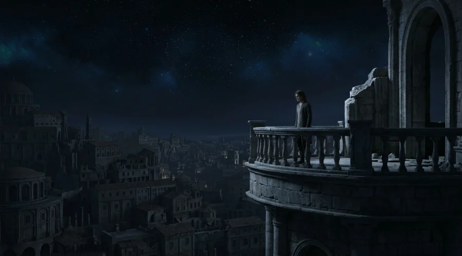 Immortal fantasy character overlooking civilizations that rose and fell