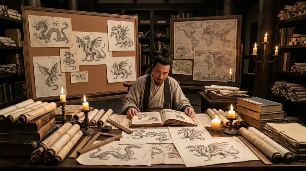 Chinese scholar studying an ancient dragon description