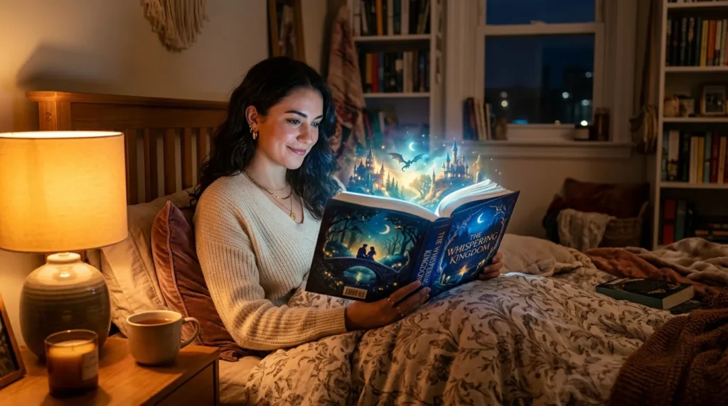 Woman immersed in a romantasy novel surrounded by a magical world