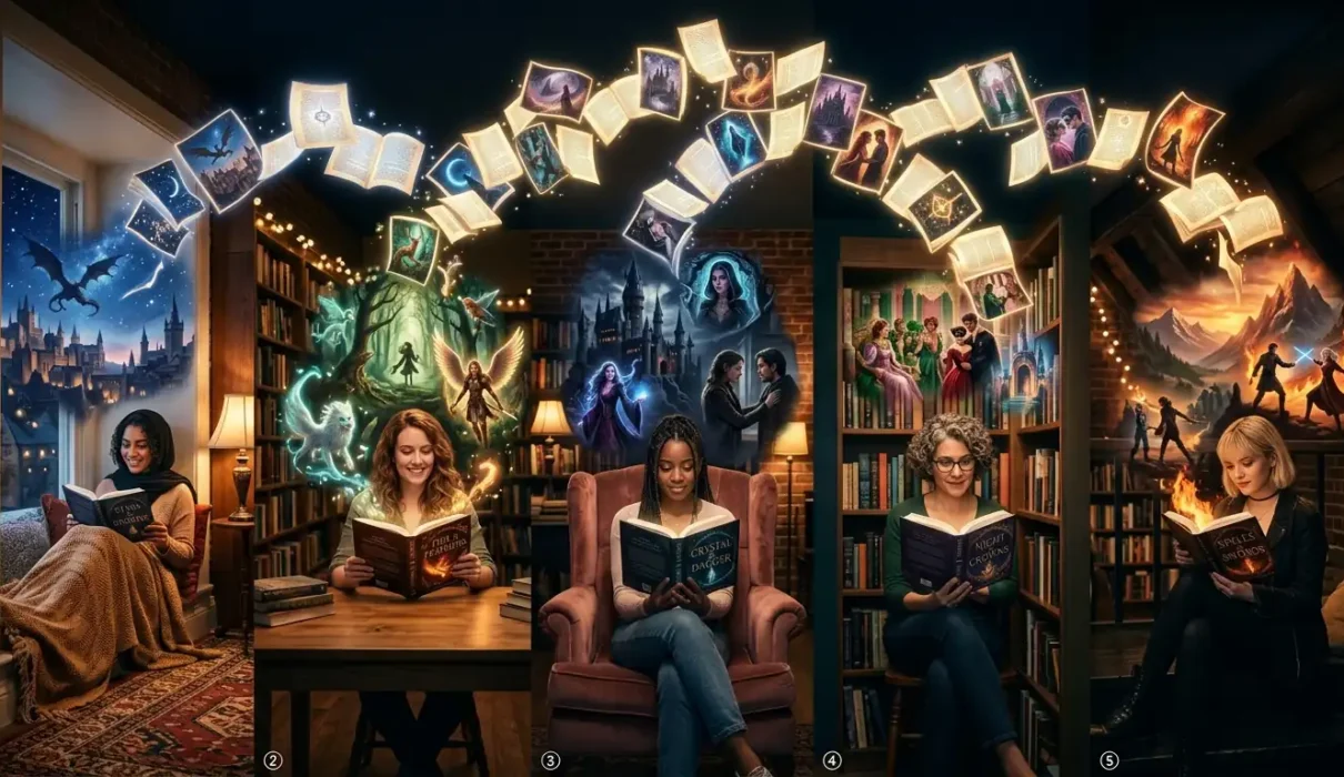 Diverse female readers imagining different romantasy genre worlds