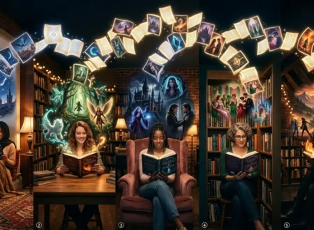 Diverse female readers imagining different romantasy genre worlds