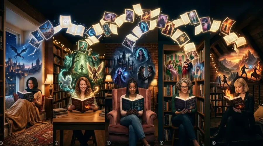Diverse female readers imagining different romantasy genre worlds