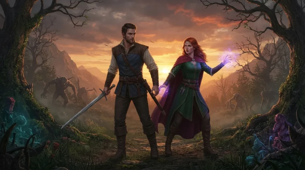 Fantasy rivals developing attraction during a dangerous journey