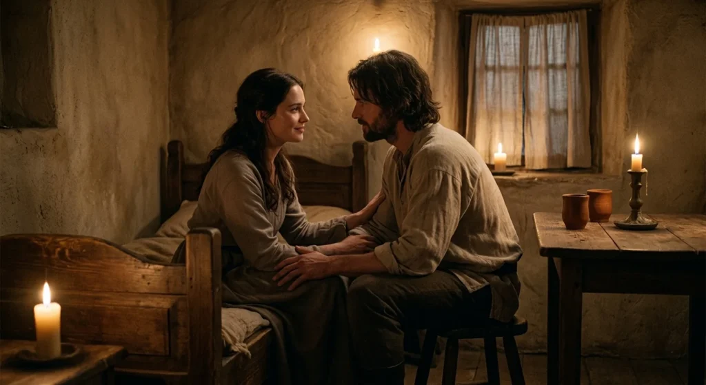 Couple having an intimate conversation without external fantasy stakes