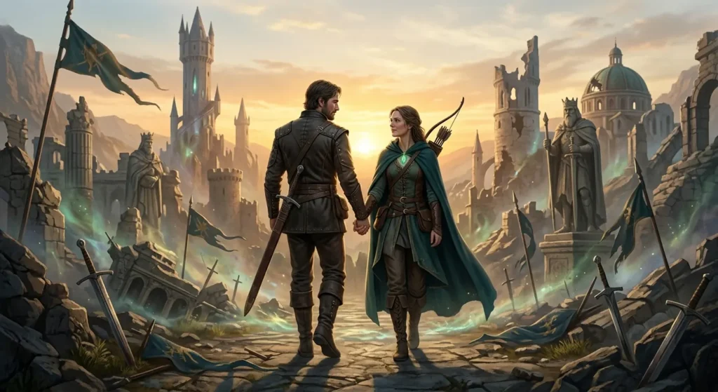 Romantasy couple walking together through a ruined magical kingdom