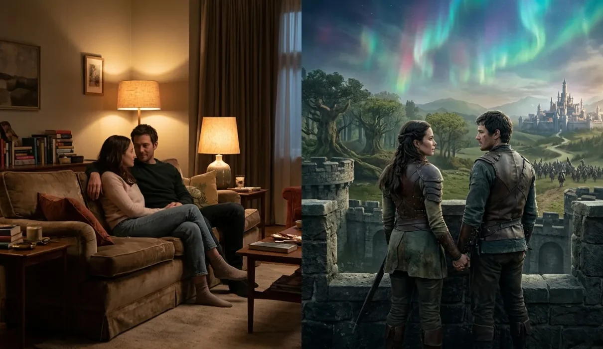 Why Romantasy Works - Couple shown in both traditional romance and romantasy settings