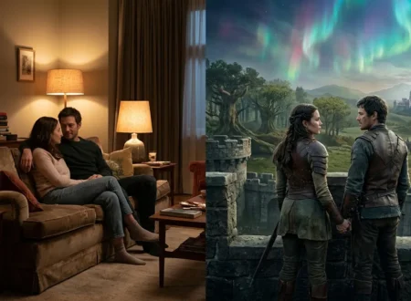 Why Romantasy Works - Couple shown in both traditional romance and romantasy settings