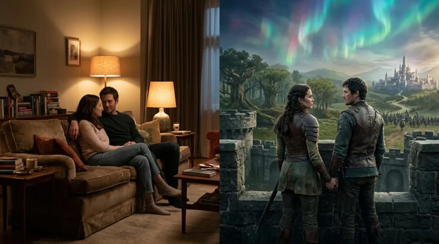 Why Romantasy Works - Couple shown in both traditional romance and romantasy settings