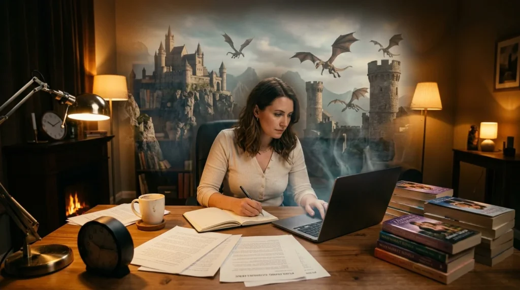 Romance writer working on a manuscript surrounded by books and notes