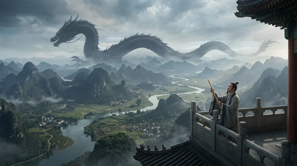 Ancient scholar comparing enormous dragons and serpentine creatures