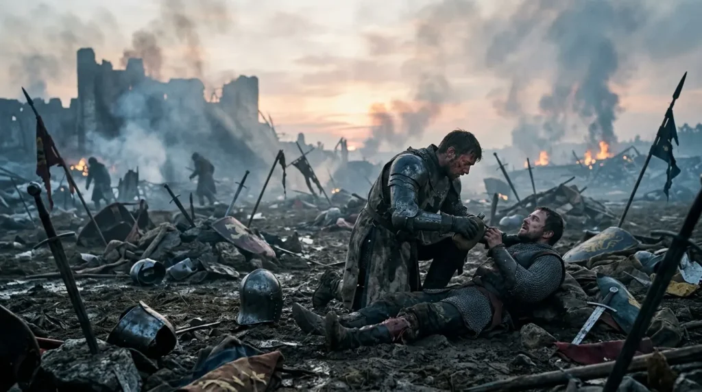 Wounded knight choosing mercy on a dark fantasy battlefield