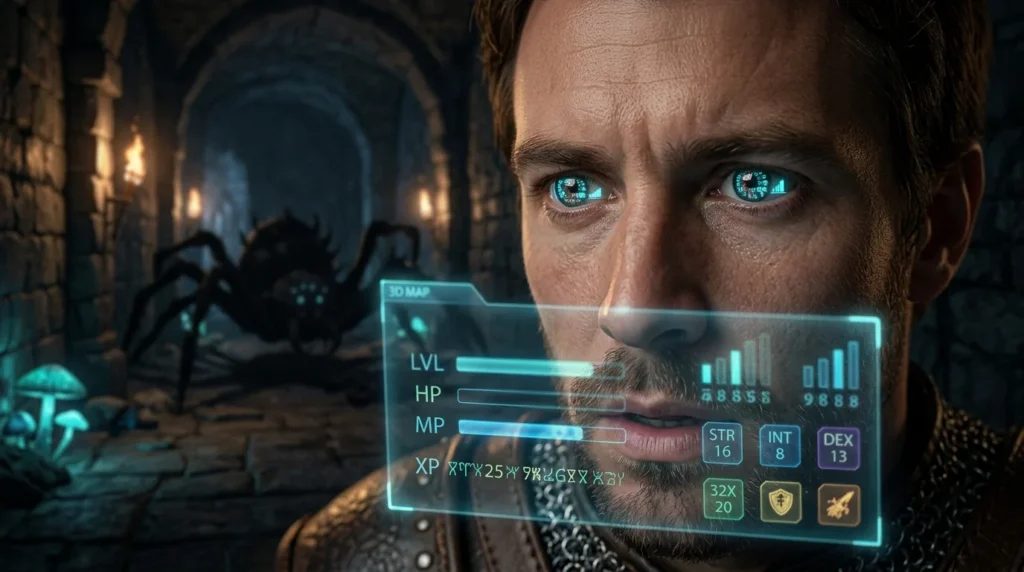 Fantasy adventurer watching numerical stats increase after combat