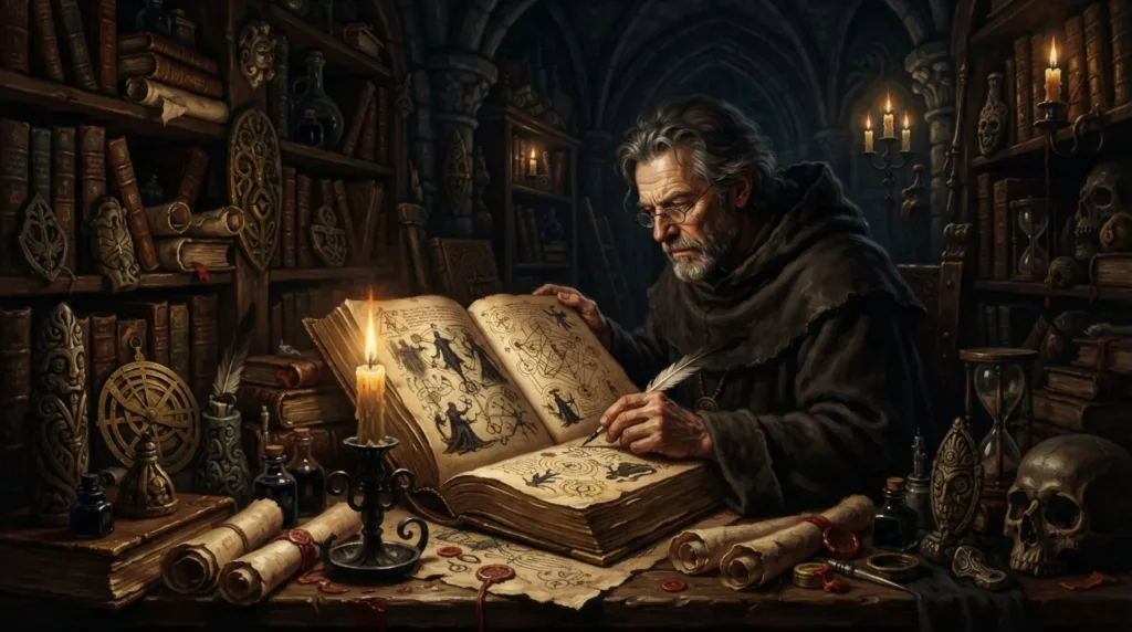 A dark fantasy scholar studies ancient manuscripts surrounded by cursed artifacts, symbols, and mysterious books.
