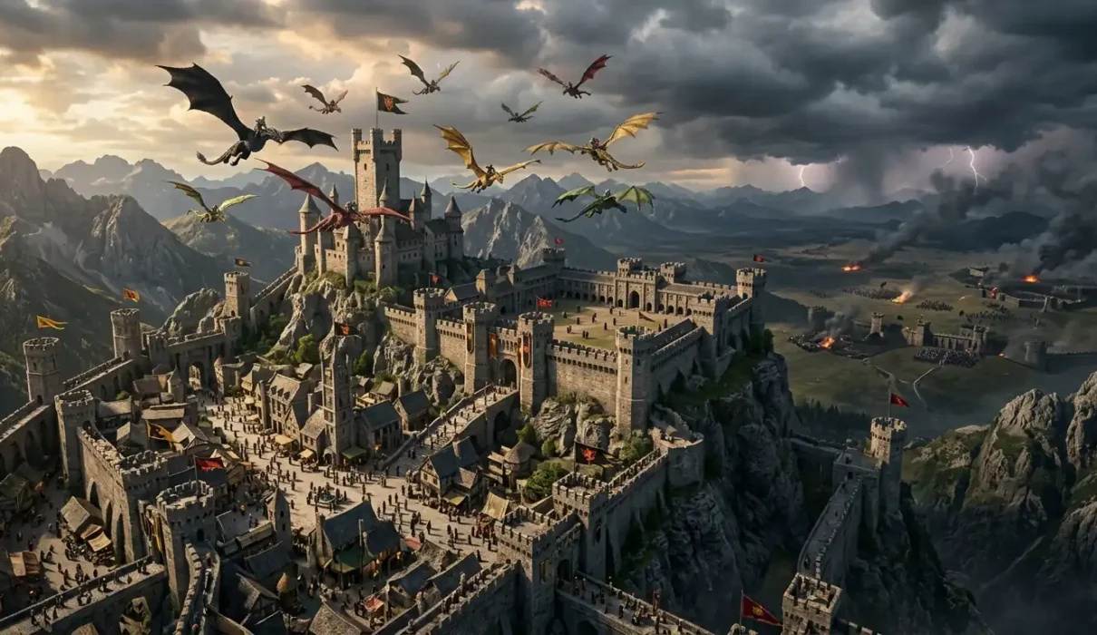 How Long Would You Last in Fourth Wing World? -Dragon riders flying above a fortified fantasy kingdom