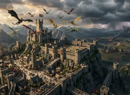 How Long Would You Last in Fourth Wing World? -Dragon riders flying above a fortified fantasy kingdom