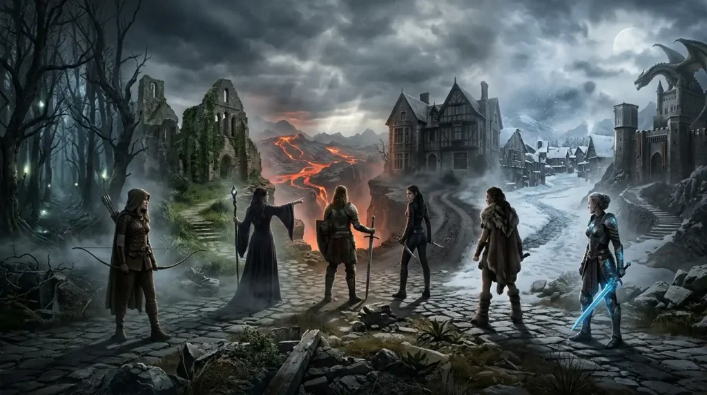 Female fantasy protagonists stand before a series of dark and dangerous worlds