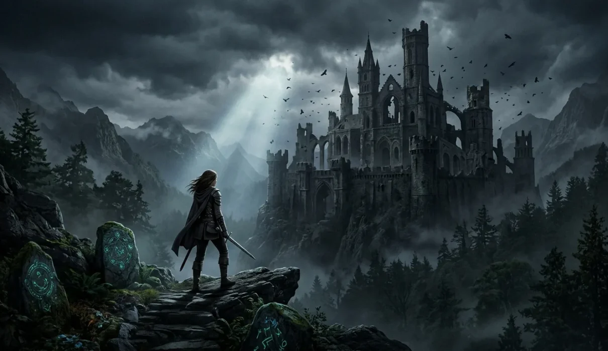 Best Dark Fantasy Books With Female MC - A lone heroine faces a ruined castle in a dark fantasy landscape