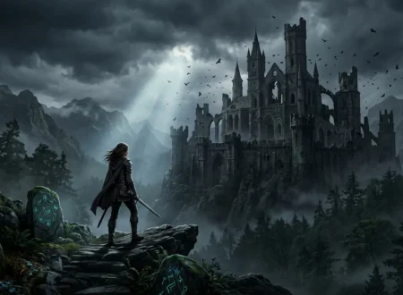 Best Dark Fantasy Books With Female MC - A lone heroine faces a ruined castle in a dark fantasy landscape