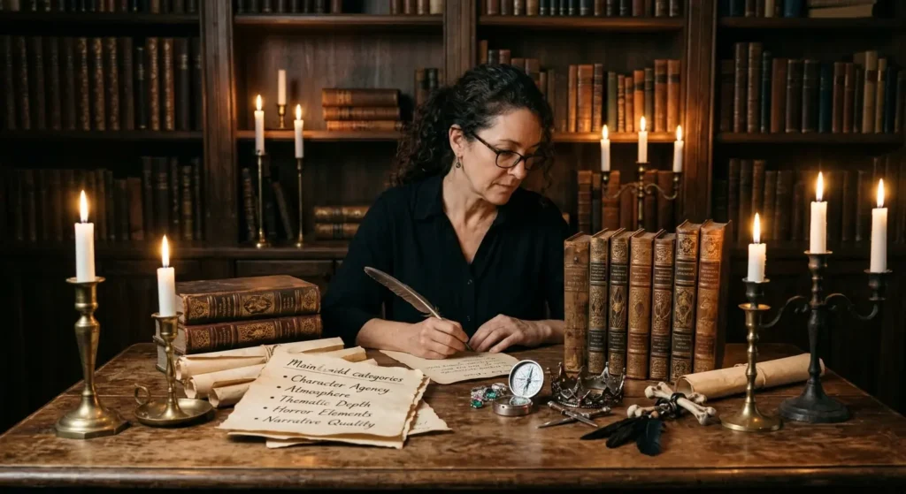 A scholar evaluates dark fantasy novels using literary criteria