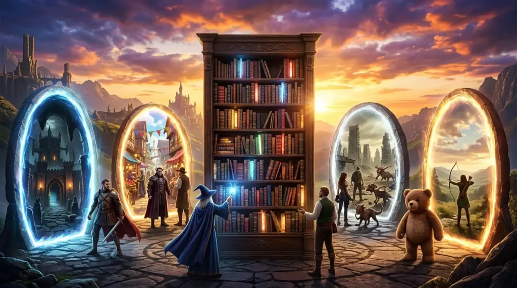 Multiple LitRPG worlds converge around a towering best LitRPG books magical bookshelf