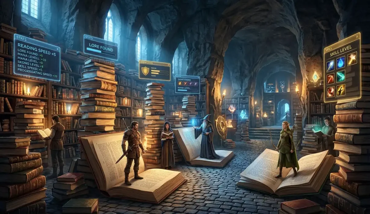 Glowing best LitRPG books surround a fantasy adventurer in a magical library
